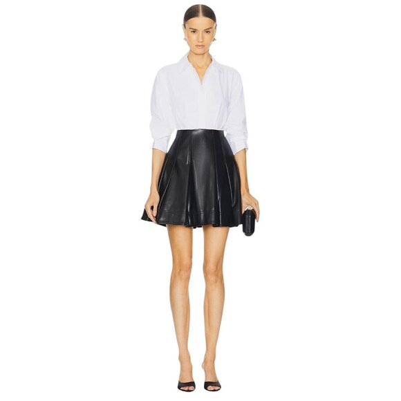 SIMKHAI Padma Poplin Combo Mini Dress in Black 6 New Womens Vegan Faux Leather - Picture 1 of 15